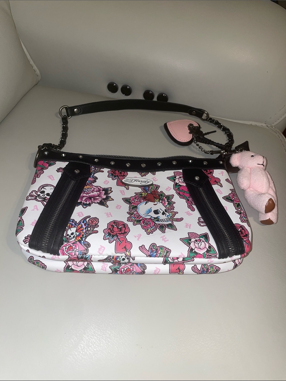 Ed Hardy Pink Floral Skull Shoulder Bag with Black Trim and Plush Charm
